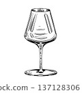 Black and white vector illustration of a wine glass, isolated. Hand-drawn ink line-art. This alcoholic beverage glass is used for winemaking, celebrations, and restaurant menu 137128306