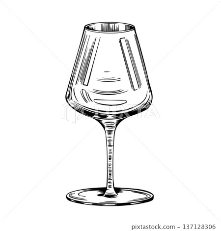 Black and white vector illustration of a wine glass, isolated. Hand-drawn ink line-art. This alcoholic beverage glass is used for winemaking, celebrations, and restaurant menu 137128306