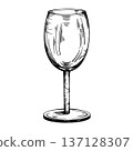 Black and white vector illustration of a wine glass, isolated. Hand-drawn ink line-art. This alcoholic beverage glass is used for winemaking, celebrations, and restaurant menu 137128307