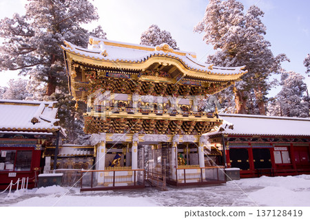 日光市、日光東照宮、雪中的陽明門 137128419