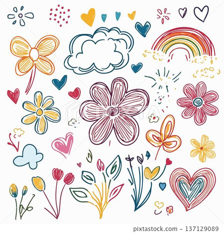Vibrant doodles of flowers, hearts, and clouds for various designs. 137129089