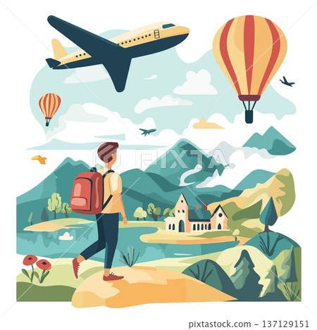 A traveler explores vibrant landscapes with flying elements. 137129151