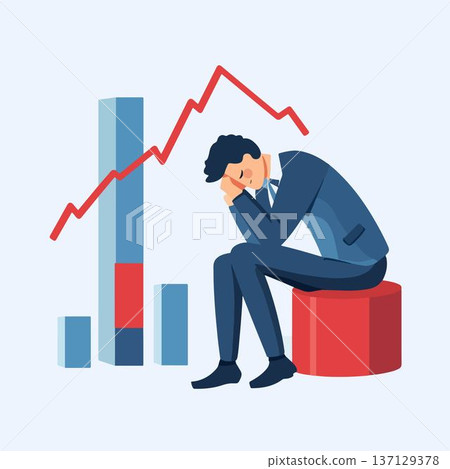 A stressed businessman seated, reflecting on declining financial performance. A stressed businessman seated, reflecting on declining financial performance. 137129378