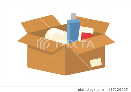 A cardboard box filled with various personal care items. 137129465