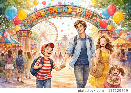 Illustration of a happy family visiting an amusement park with balloons and colorful attractions. concept of family fun, exciting adventure, joyful outing. 137129839