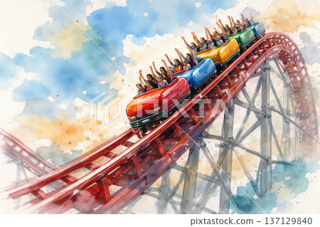 Watercolor roller coaster with people enjoying thrilling ride at amusement park during sunny day. concept of adventure, excitement, fun experience. 137129840