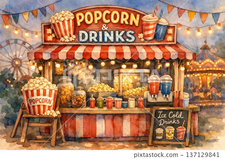 Vintage amusement park popcorn and drinks stall illustration with lights and carnival decor in watercolor style. concept of nostalgic fair, circus food, festive atmosphere 137129841