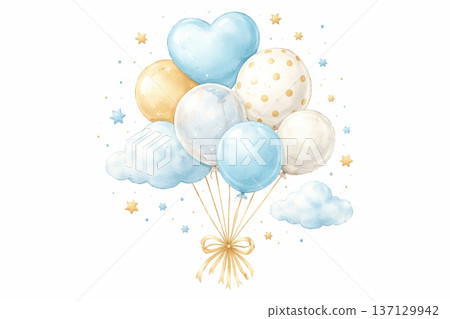 Watercolor illustration of baby shower balloons and clouds with stars on white background. concept of celebration, party decor, baby shower theme 137129942