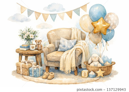 Cozy baby shower scene with gifts, bunny toy, balloons, and armchair in a watercolor illustration. concept of celebration, baby shower decor, gift ideas 137129943