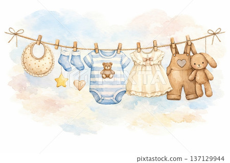 Watercolor baby clothes and accessories hanging on clothesline with toy bear and rabbit for baby shower decoration. concept of cute nursery decor, baby gifts, celebration. 137129944