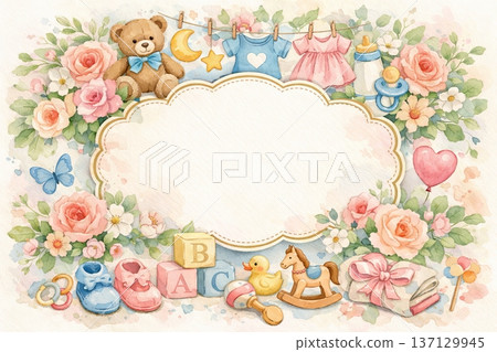 Watercolor baby shower floral frame with newborn toys and blank label for text. Concept of greeting card template, nursery decoration, maternity celebration illustration, white background 137129945