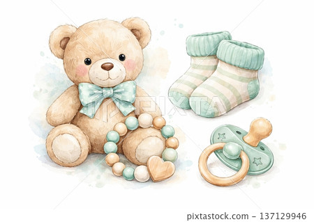 SET - Watercolor baby shower illustration of toy bear with pacifier, socks, and teething ring on white background. concept of newborn gift, baby celebration, cute decor 137129946