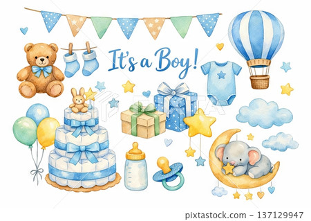 SET - Watercolor baby shower illustration featuring a toy bear, balloon, gifts, and baby decor celebrating a baby boy on a joyful occasion. concept of newborn celebration, cute design, party decor 137129947