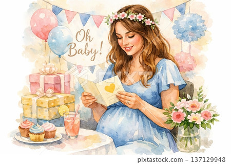 Pregnant caucasian woman reading card at baby shower with cupcakes and gifts in watercolor illustration. concept of celebration, motherhood, festive joy. 137129948