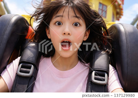 Young asian girl experiencing thrill on a roller coaster ride at an amusement park. concept of excitement, adventure, fun leisure activity 137129980