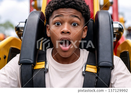 Surprised african american teen on thrilling amusement park ride captures excitement of roller coaster adventure and fun summer day outing 137129992