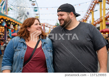 Smiling plus size couple enjoying a day at the amusement park with roller coasters in background. concept of fun outing, leisure activity, joyful experience 137129993