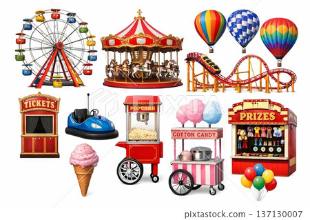 SET - Amusement park elements including ferris wheel, carousel, hot air balloons, and roller coaster for festive celebration and creative design concepts, white background 137130007