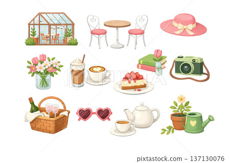 PNG cozy cafe garden set with greenhouse, coffee, flowers, picnic basket and camera isolated on transparent background. Concept of spring lifestyle, romantic date, outdoor leisure clip art collection 137130076
