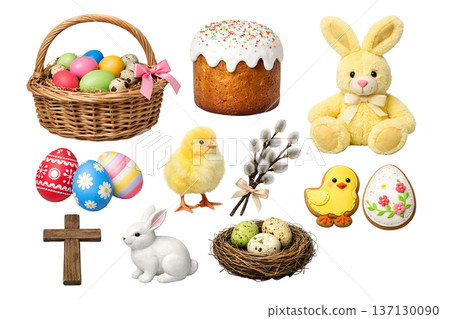 Png easter set with colorful eggs, adorable chicks, plush bunny, cross, decorated cookies, and festive basket. concept of spring celebration, holiday decor, cute animal symbols. 137130090