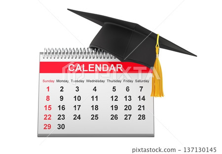 Desk calendar with graduation cap. Concept of academic calendar education planning and graduation date, 3d rendering 137130145