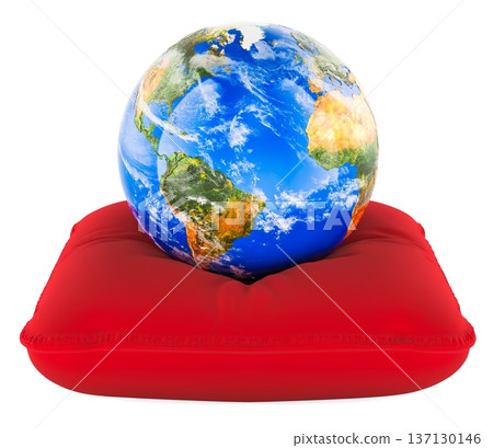 Earth Globe on red pillow, World Sleep Day concept. 3D rendering Earth Globe on red pillow, World Sleep Day concept. 3D rendering 137130146