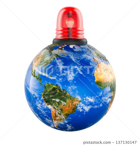 Earth Globe with red emergency siren beacon. Symbolizing global alert and worldwide crisis, concept. 3d rendering 137130147