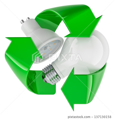 Recycling symbol with light bulbs and LED lamp. Lamp disposal and energy saving, concept. 3d rendering 137130158