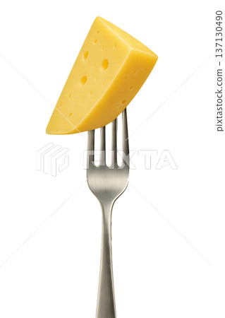 Png slice of yellow cheese on a fork isolated on transparent background. concept of dairy product, food design, culinary element, cheese presentation, delicious snack. 137130490