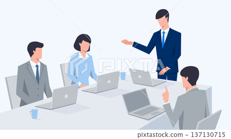 People giving presentations while looking at a computer at a group meeting, vector illustration People giving presentations while looking at a computer at a group meeting, vector illustration 137130715