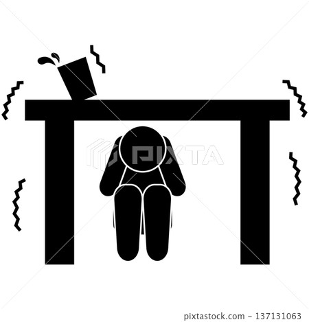 Pictogram of a person hiding under a desk during an earthquake Pictogram of a person hiding under a desk during an earthquake 137131063