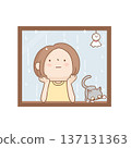 A girl looking at the rain outside through a window 137131363