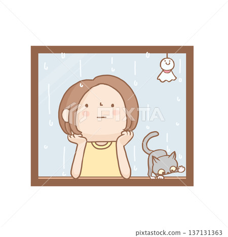 一個女孩透過窗戶看著外面的雨。 137131363