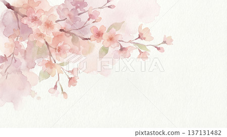 這幅畫作以柔和綻放的淡粉紅色櫻花為特色，襯托出水彩紙溫暖的質感。 137131482