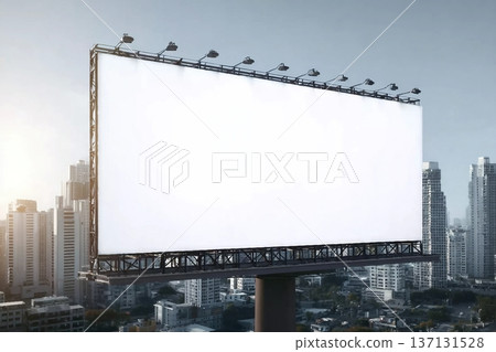 Blank white horizontal billboard on cityscape background at daytime, perspective view. Mockup, advertising concept Blank white horizontal billboard on cityscape background at daytime, perspective view. Mockup, advertising concept 137131528