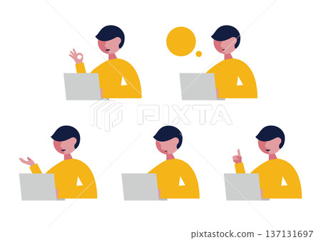 Illustration set of a man facing left and a computer Illustration set of a man facing left and a computer 137131697