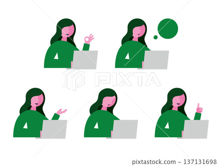 Illustration set of a woman facing right with a computer Illustration set of a woman facing right with a computer 137131698