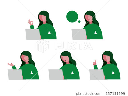 Illustration set of a woman facing left with a computer Illustration set of a woman facing left with a computer 137131699