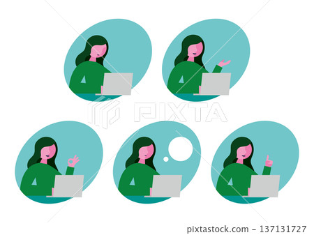 一組圖示插圖,包括一台電腦和一個面向右側的女性(橢圓形) 一組圖示插圖,包括一台電腦和一個面向右側的女性(橢圓形) 137131727