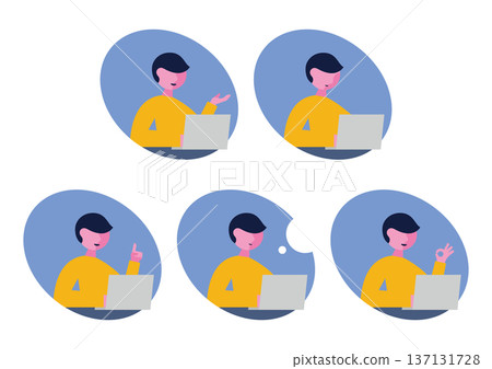 Icon illustration set of a computer and a man facing right (oval) Icon illustration set of a computer and a man facing right (oval) 137131728