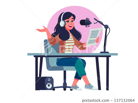 Female Podcaster or Radio Host Working in Studio 137132064