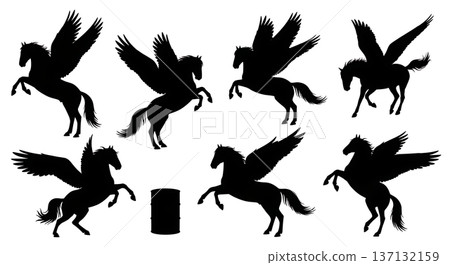 Black Solid Acrobatic Pegasus Silhouettes Set of Six on White Background Black Solid Acrobatic Pegasus Silhouettes Set of Six on White Background 137132159