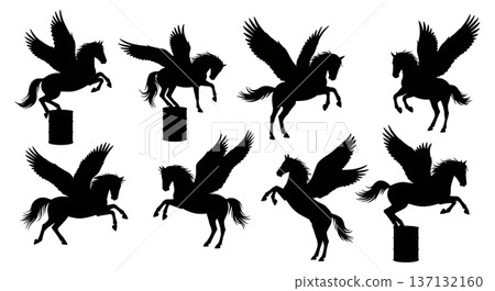 Black Solid Acrobatic Pegasus Silhouettes Set of Six on White Background Black Solid Acrobatic Pegasus Silhouettes Set of Six on White Background 137132160