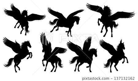 Black Solid Aerial Dance Pegasus Silhouettes Set of Six on White Background Black Solid Aerial Dance Pegasus Silhouettes Set of Six on White Background 137132162