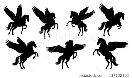 Black Solid Aerial Dance Pegasus Silhouettes Set of Six on White Background Black Solid Aerial Dance Pegasus Silhouettes Set of Six on White Background 137132163