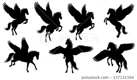 Black Solid Aerial Dance Pegasus Silhouettes Set of Six on White Background 137132164