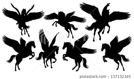 Black Solid Aerial Dance Pegasus Silhouettes Set of Six on White Background Black Solid Aerial Dance Pegasus Silhouettes Set of Six on White Background 137132165