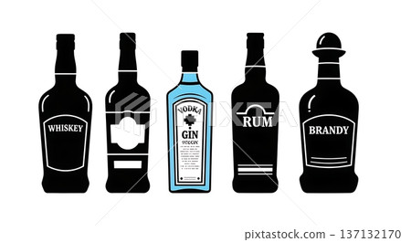 Black Solid Liquor Bottle Silhouettes Set of Six on White Background 137132170