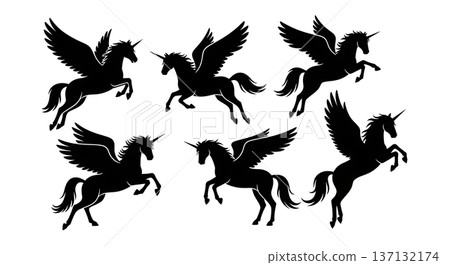 Black Solid Winged Unicorn Alicorn Silhouettes Set of Six on White Background 137132174