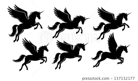 Black Solid Winged Unicorn Alicorn Silhouettes Set of Six on White Background Black Solid Winged Unicorn Alicorn Silhouettes Set of Six on White Background 137132177